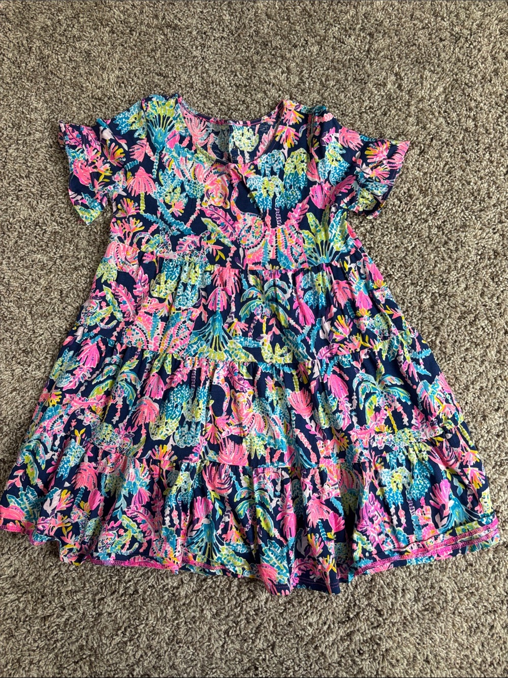 Lilly Pulitzer Navy Floral Tiered Dress with Pink, Blue & Yellow Accents